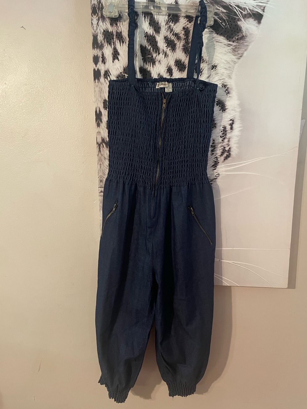 Gold Flava Y2K Women’s Dark Blue Smocked Denim Jumpsuit w Straps 90s Era  XL